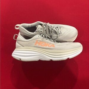 Hoka Grey and Peach Bondi 8